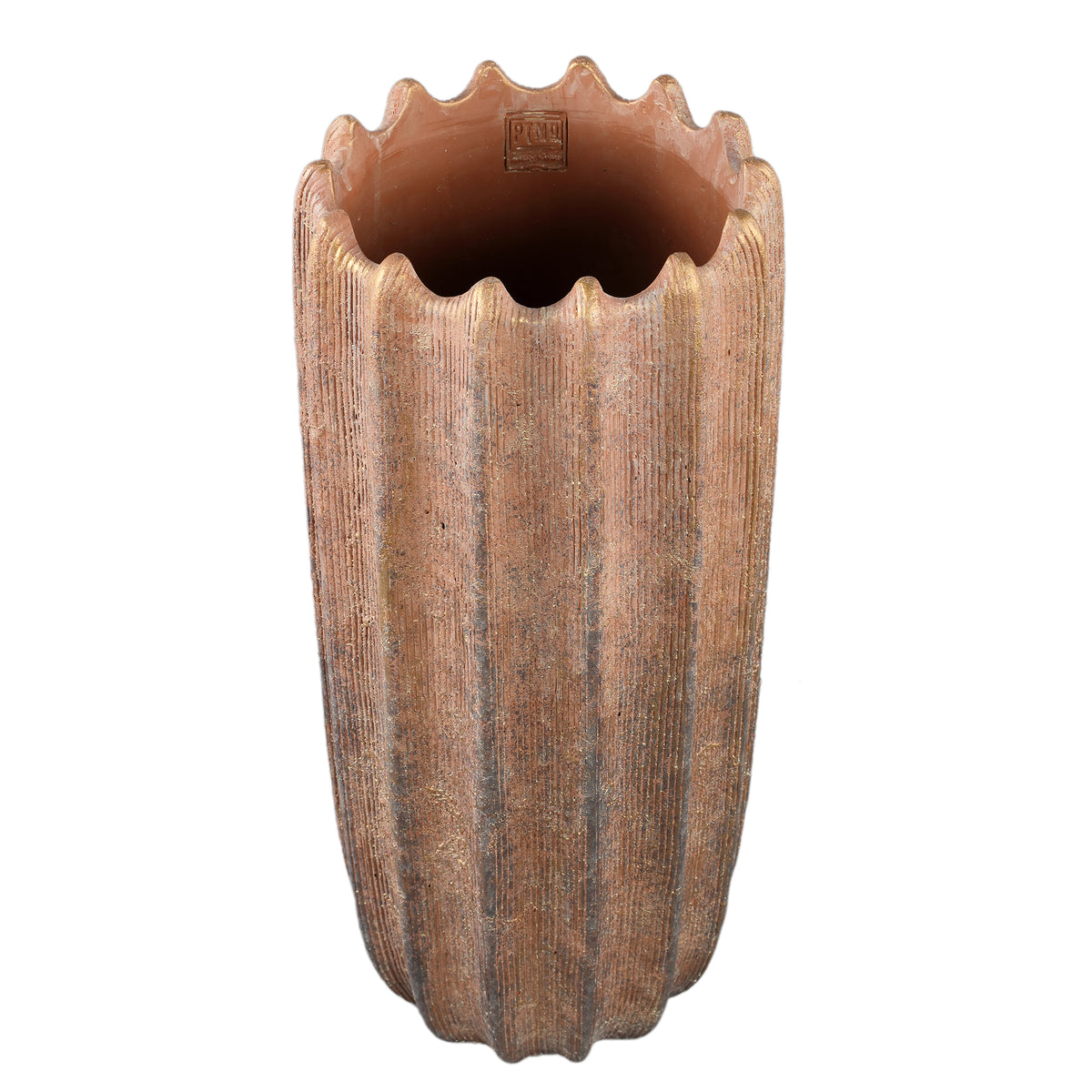 Brigett Copper Cement Pot Ribbed Round High L van PTMD, detail van de koperkleurige ribbels en structuur