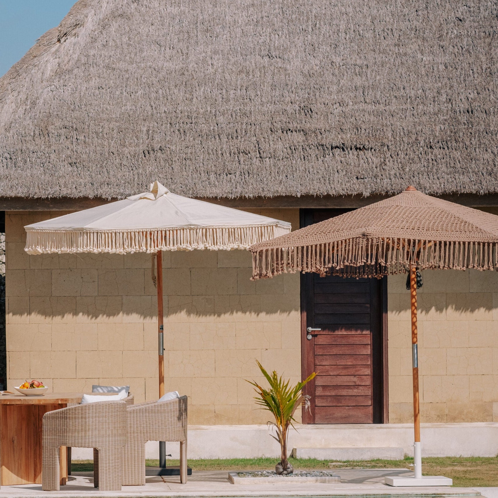 Canvas Parasol Fringe - Crème 250cm - Handgeknoopte parasol - Todo Bien - livinglovely.nl