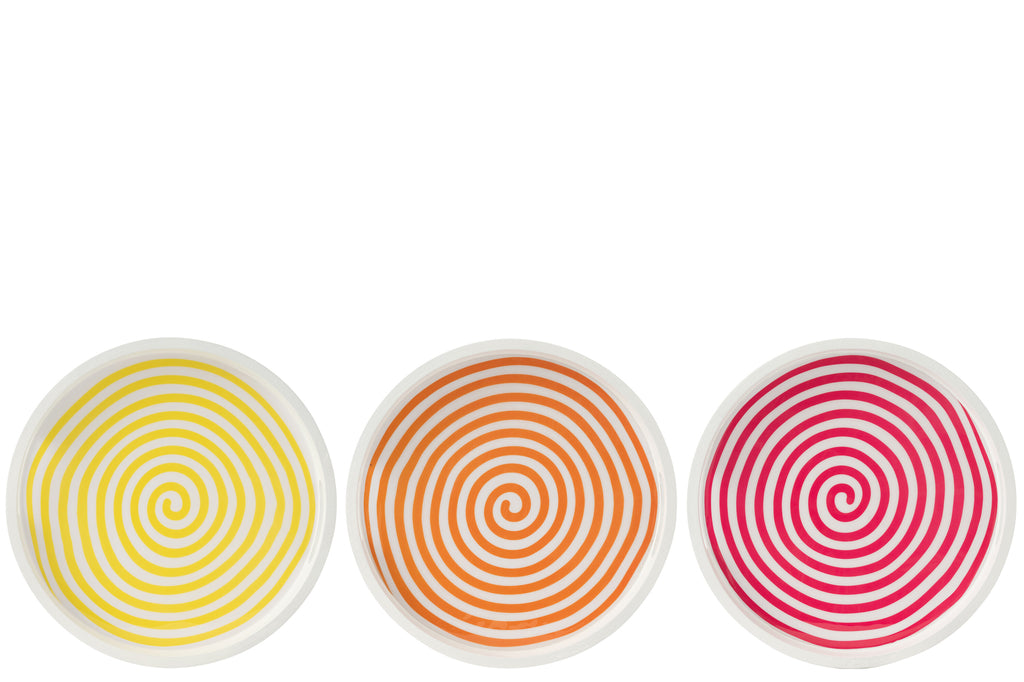 Dienblad Rond Mangohout Roze/Oranje/Geel Set van 3 - Dienblad - J-Line - livinglovely.nl