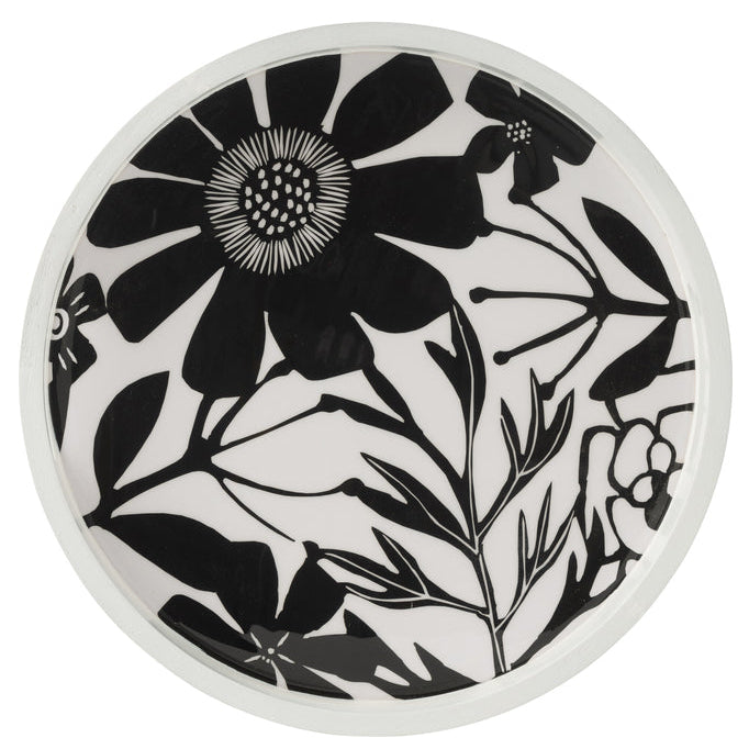 Dienblad Rond Met Handvaten Bloemen Mangohout Zwart/Wit - Dienblad - J-Line - livinglovely.nl