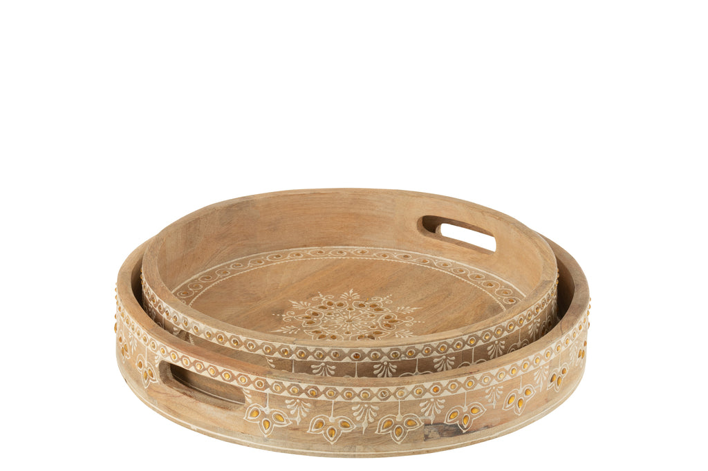 Dienbladen Met 2 Handvaten Kralen Mango Hout Naturel/Wit Set van 2 - Dienblad - J-Line - livinglovely.nl