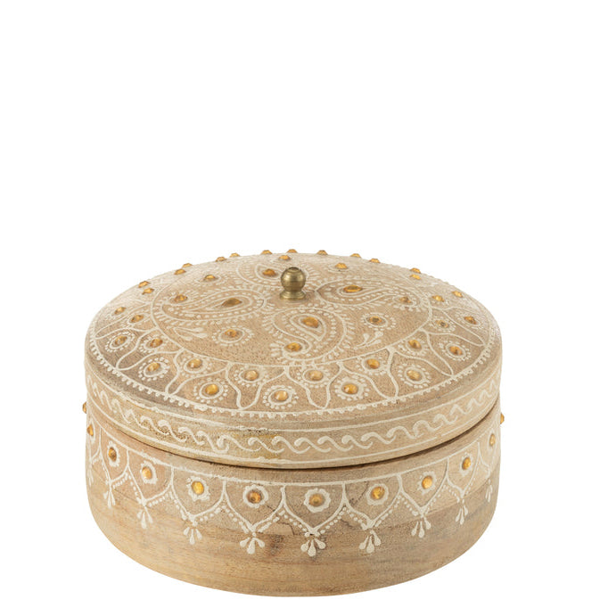 Doos + Deksel Rond Mango Hout Naturel/Wit Small - Decoratie - J-Line - livinglovely.nl