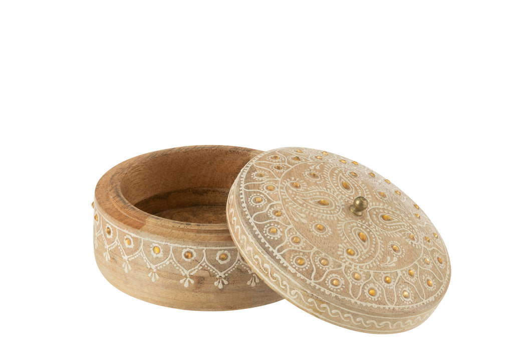Doos + Deksel Rond Mango Hout Naturel/Wit Small - Decoratie - J-Line - livinglovely.nl