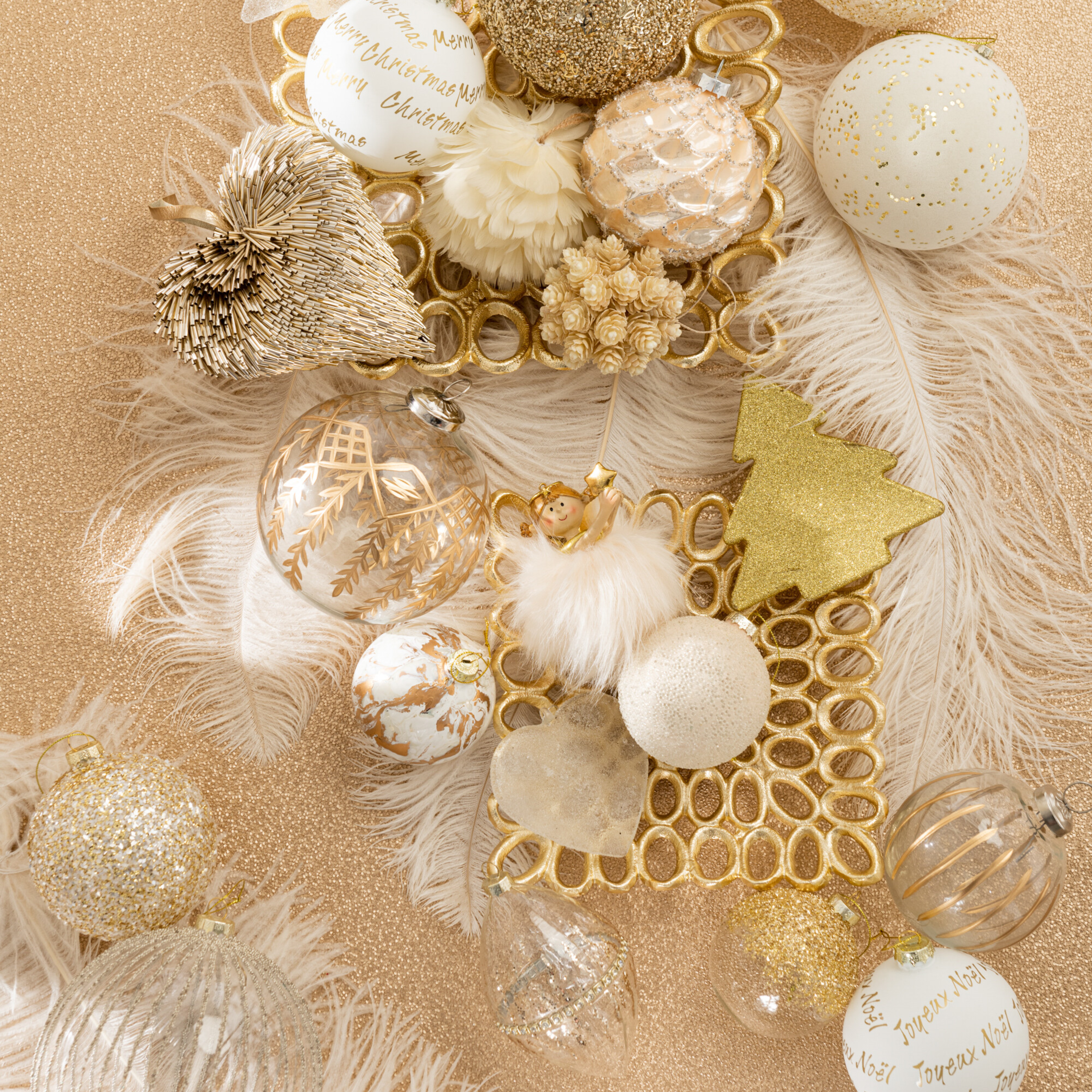 Doos van 4 Kerstballen Glas Wit/Goud Medium - Kerstbal - J-Line - livinglovely.nl