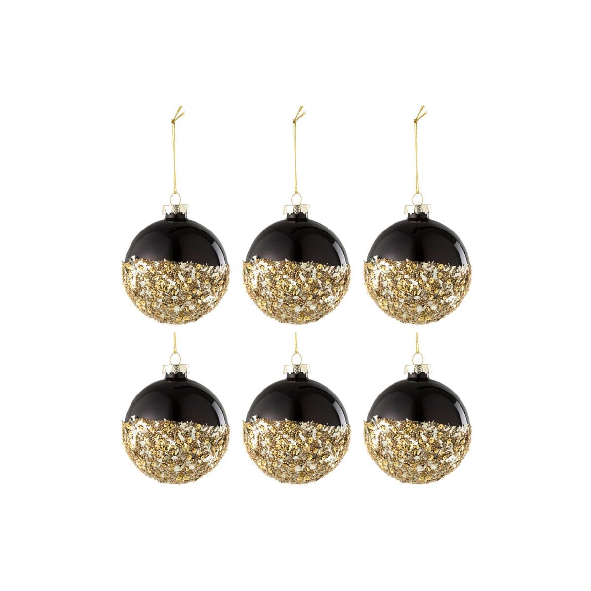 Doos van 6 Kerstballen Glas Zwart/Goud - Kerstbal - J-Line - livinglovely.nl