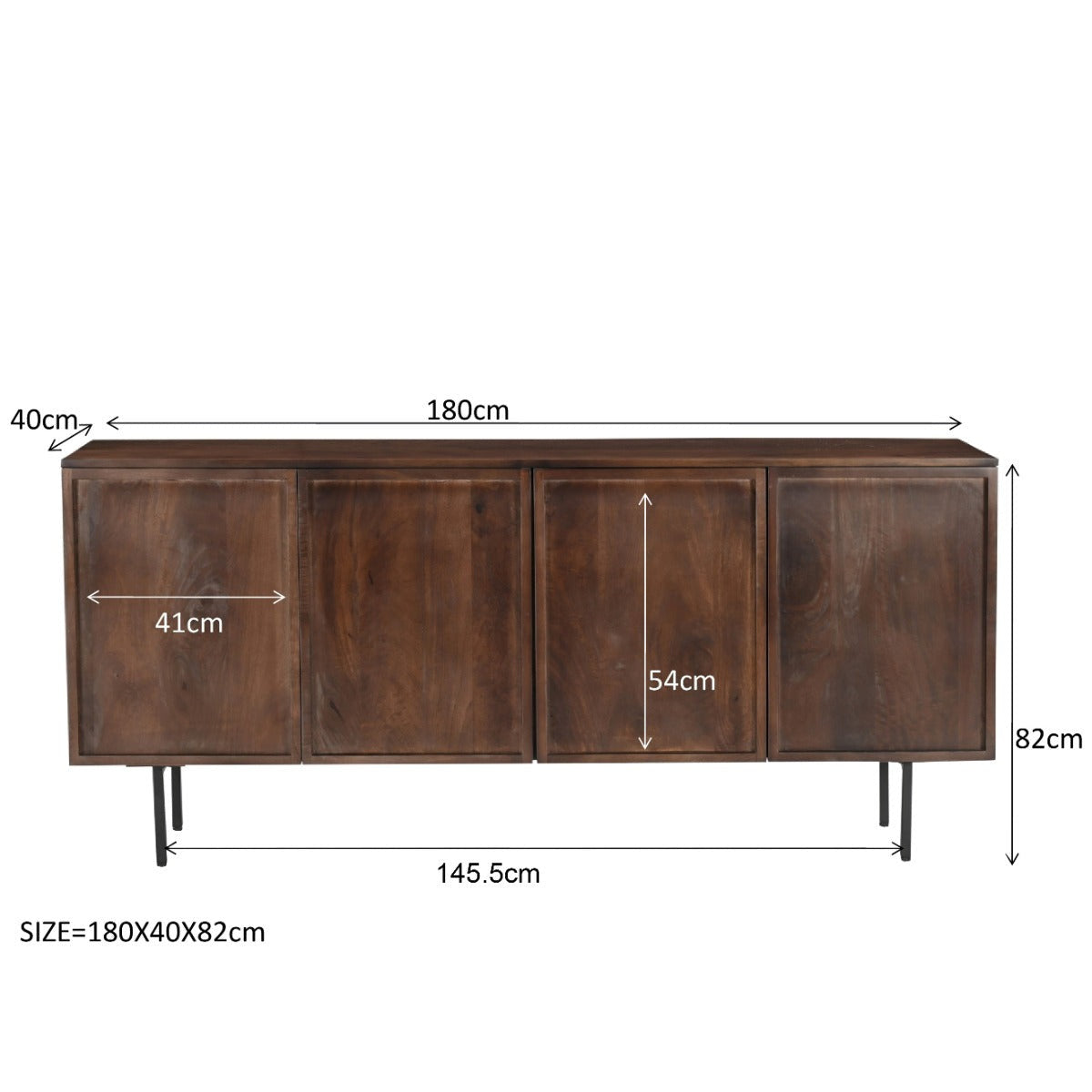 Dressoir Elan 180cm in Chestnut, donkerbruin mangohout met zwart onderstel