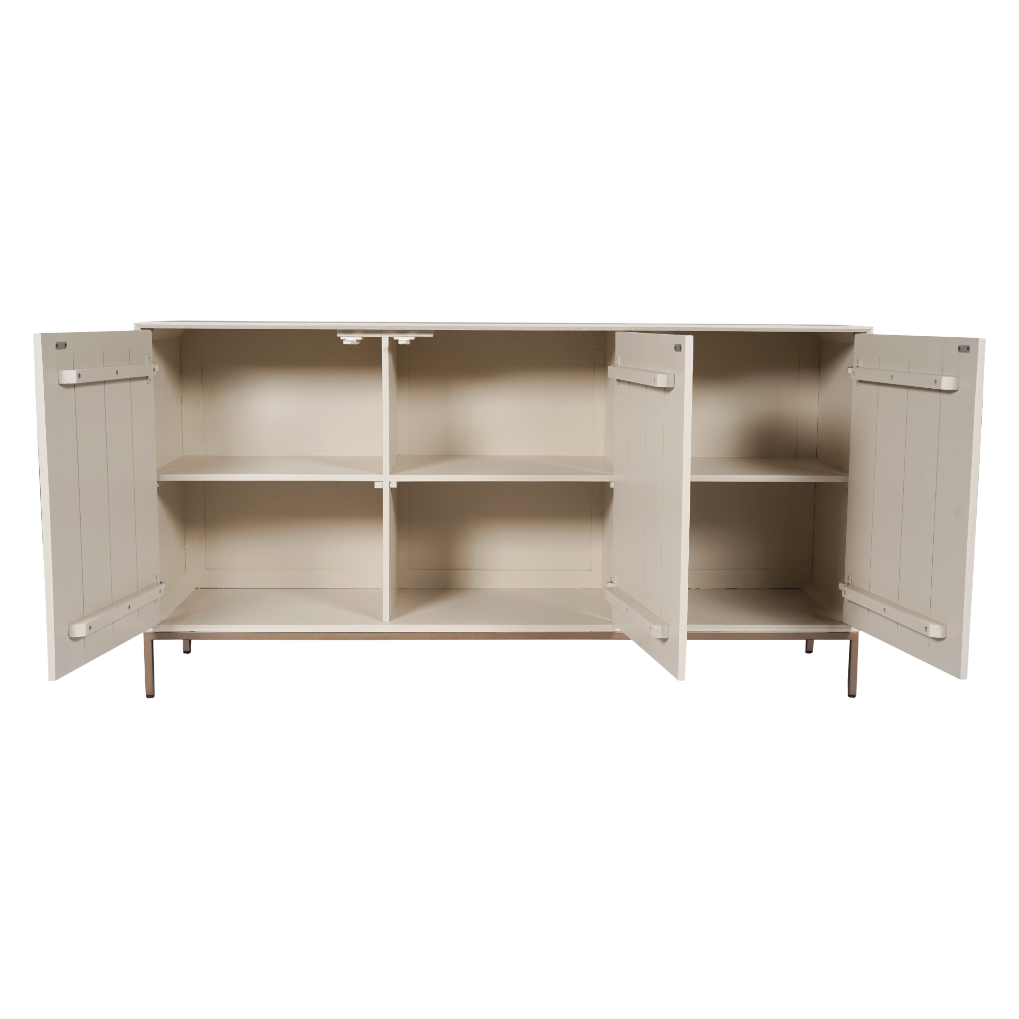 Detail van de deurlatten en het bronskleurige frame van het Dressoir Madison van Starfurn in zandkleur