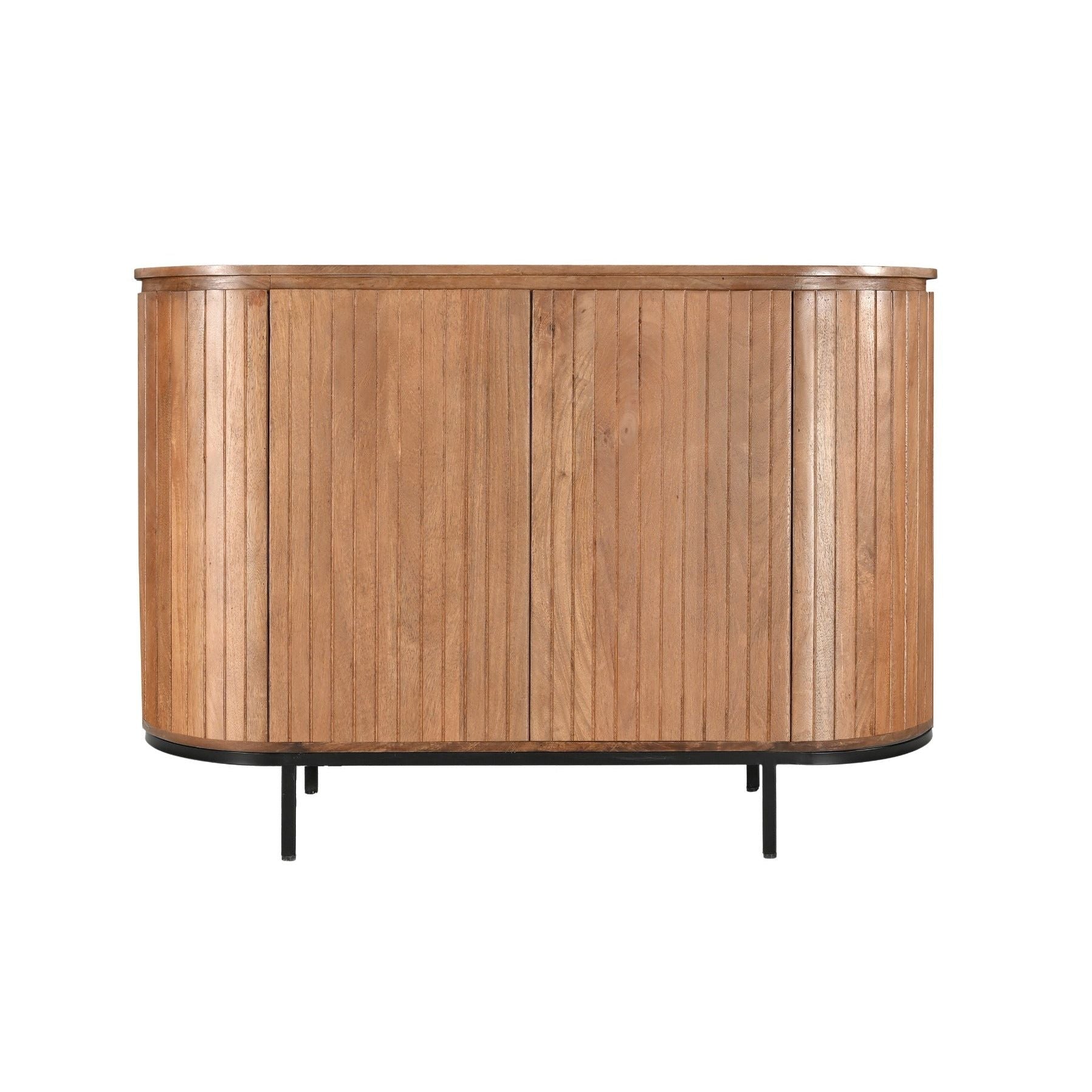 Vooraanzicht van het Noor dressoir in mangohout Pecan met doorlopende houten planken