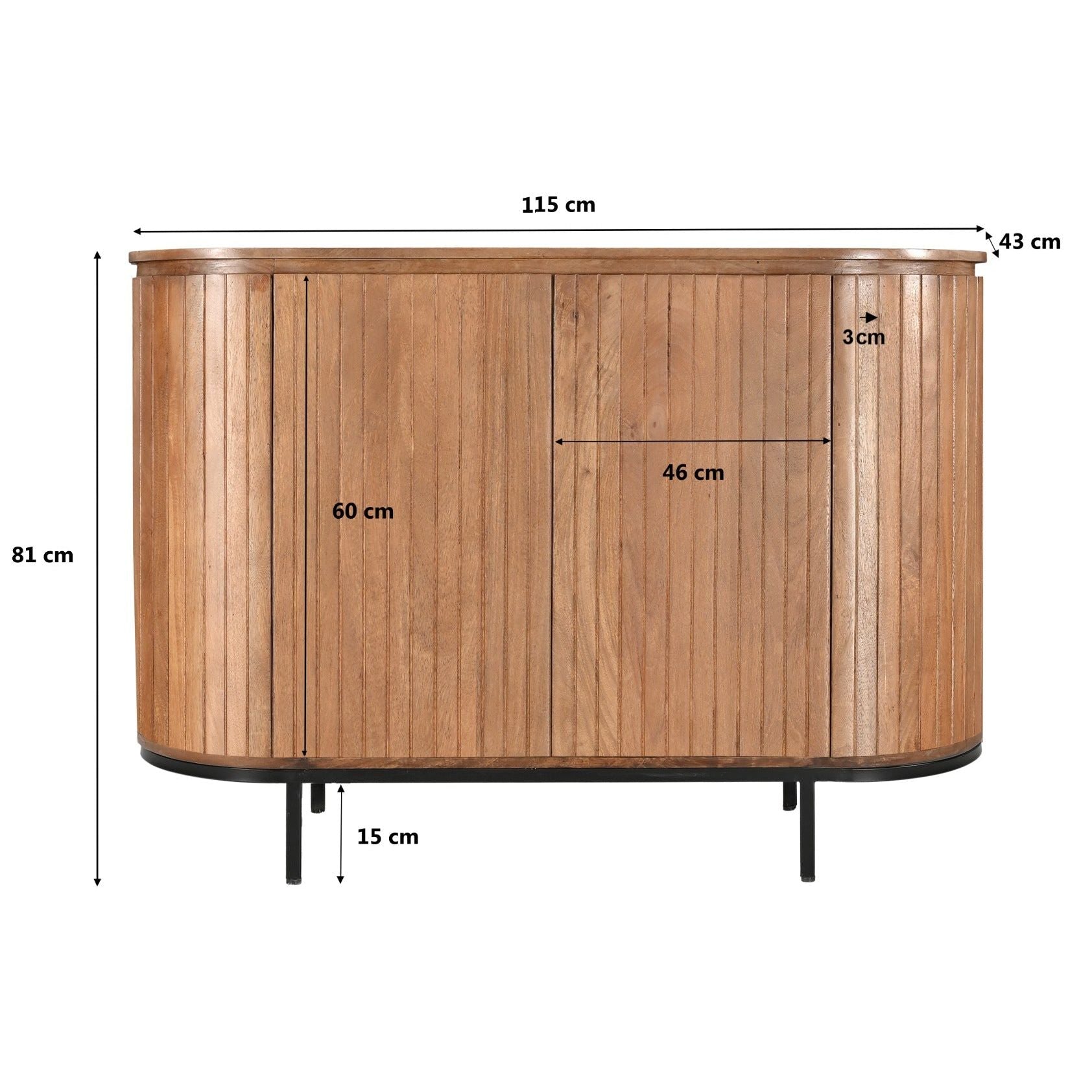 Maatschets van het Noor dressoir met afmetingen 115 bij 43 bij 81 cm
