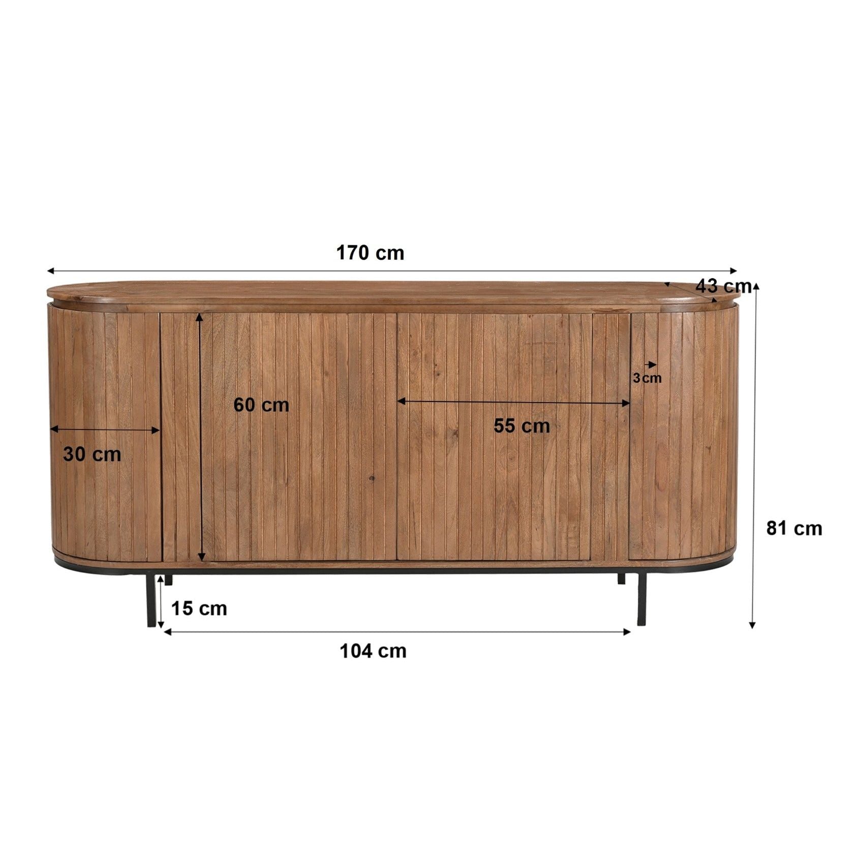 Maatschets van het Noor dressoir met afmetingen 170 bij 43 bij 81 cm