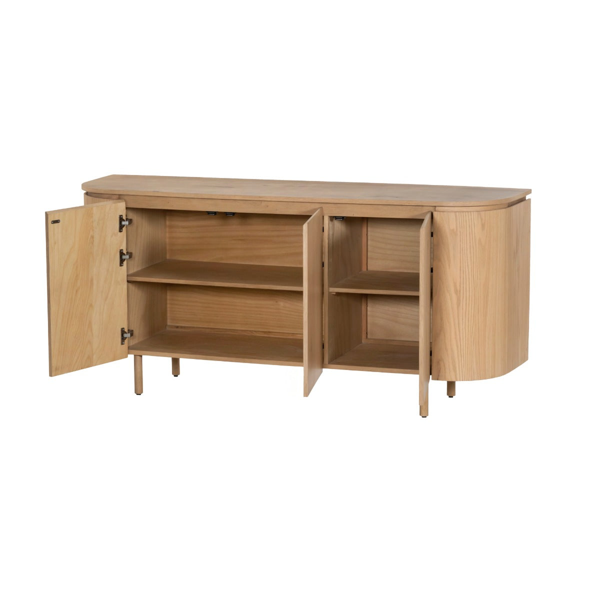 Tobago dressoir met geopende deuren, vier vakken met verstelbare schappen in naturel eiken