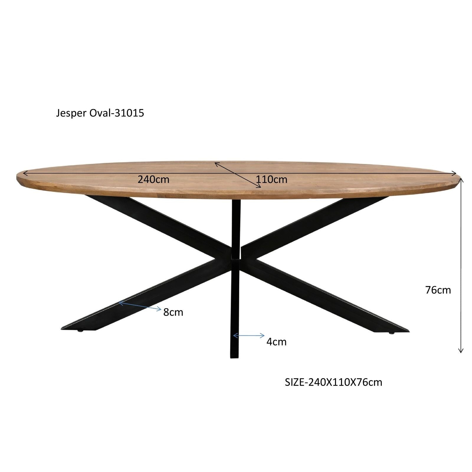 Afmetingen Eettafel Jesper 240cm: L240cm x B110cm x H76cm