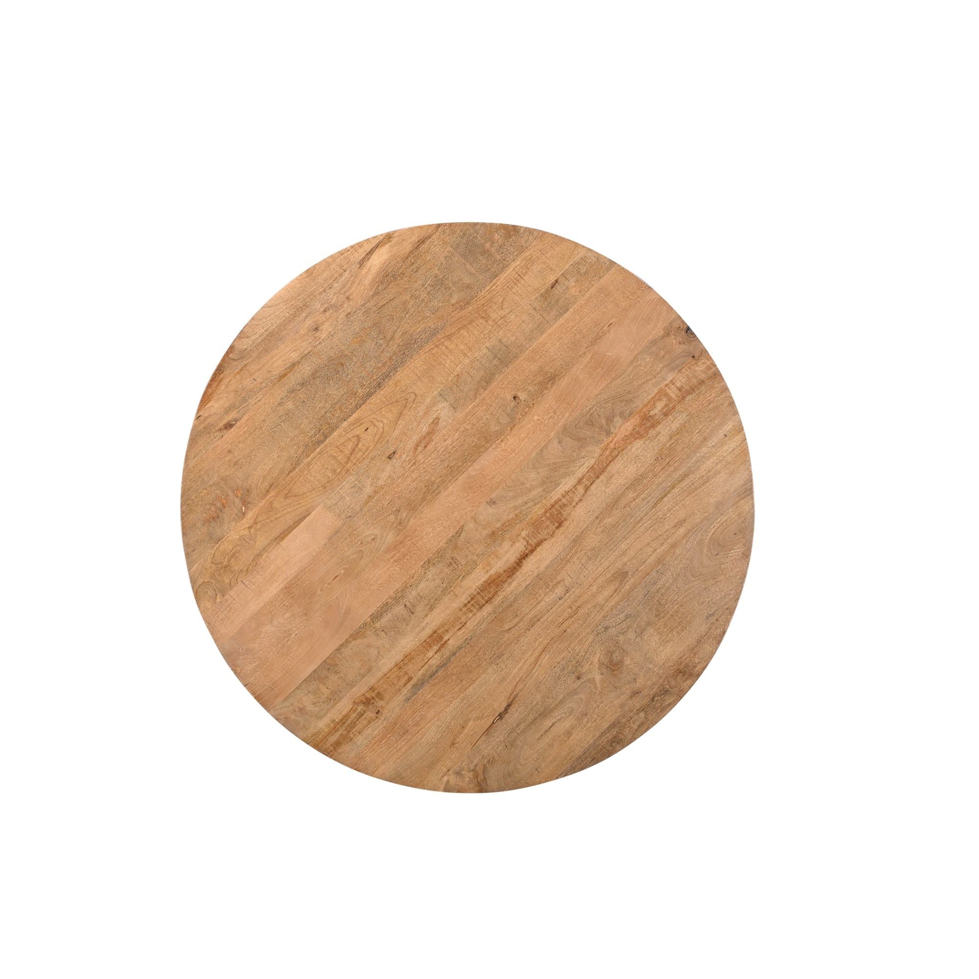 Bovenaanzicht van het mangohouten blad van de eettafel Jesper Pecan Ø130cm