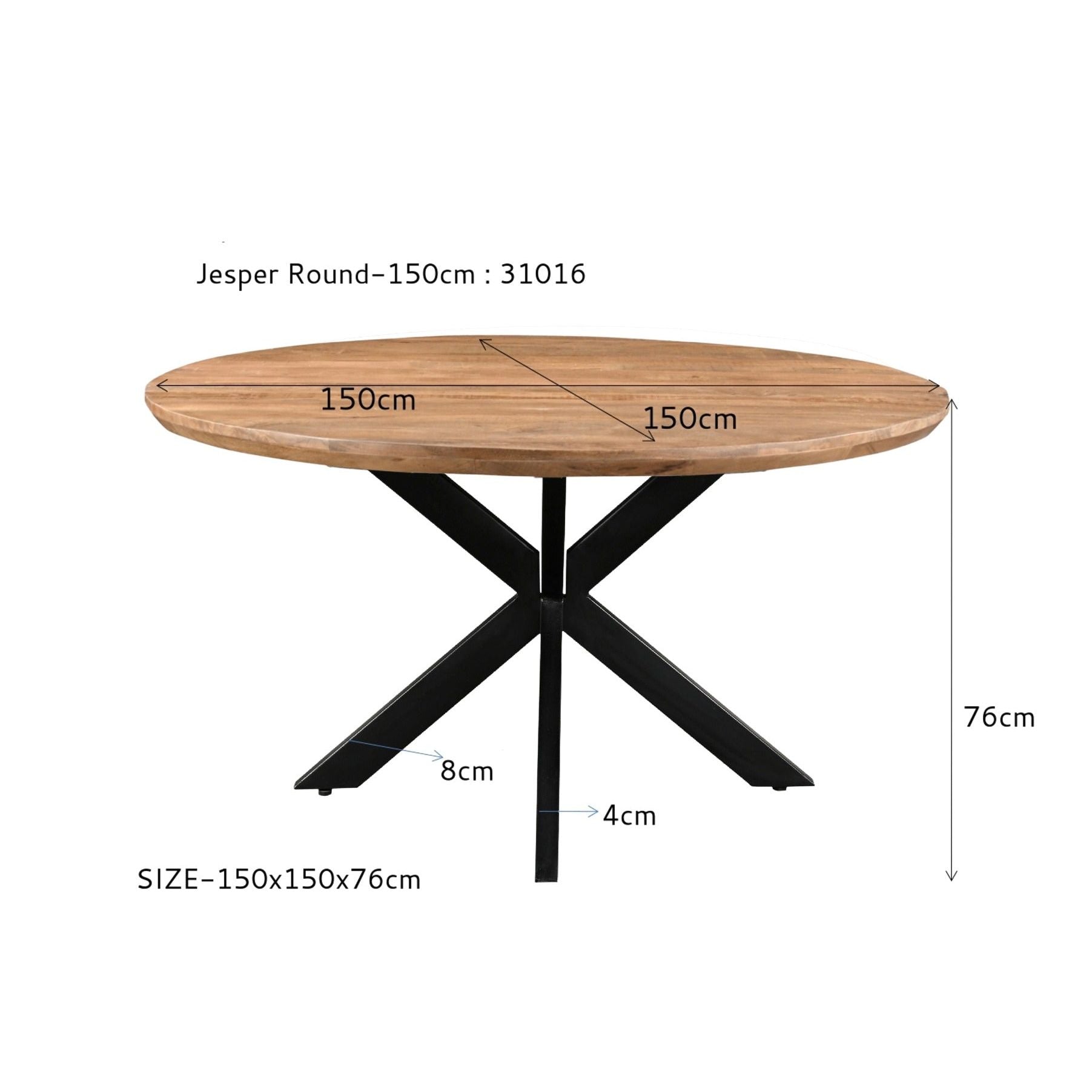 Afmetingen Eettafel Jesper Ø150cm: Ø150cm x H76cm