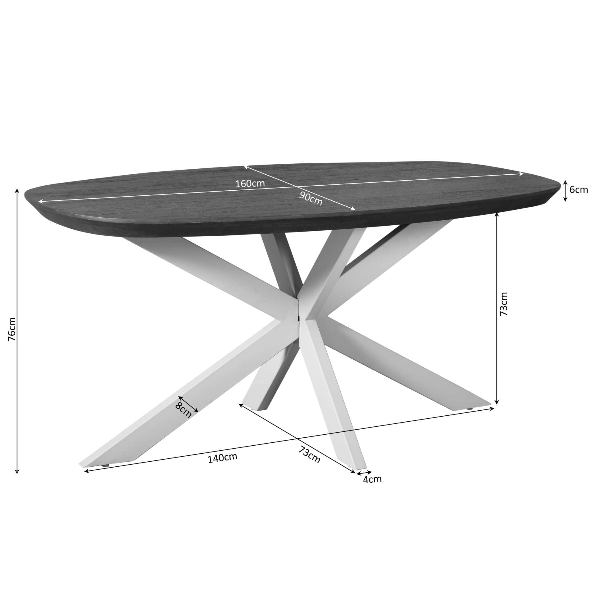 Eettafel Madison Deens Ovaal 160cm van Starfurn schuin van voren met het volledige bruine tafelblad