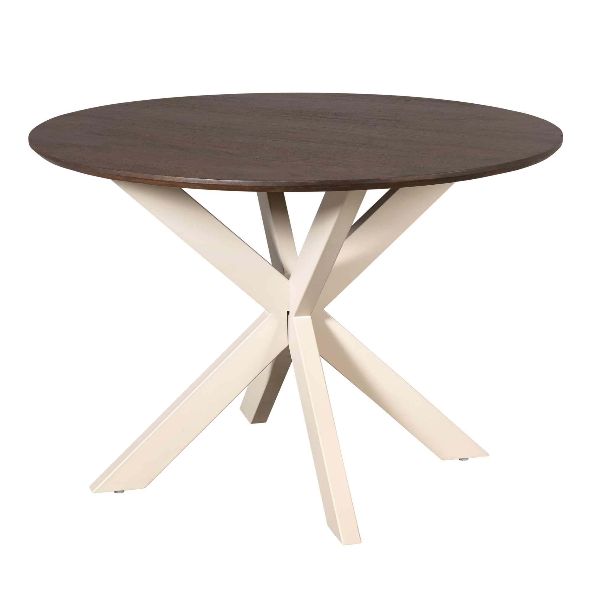 Ronde eettafel Madison 110cm van Starfurn in bruin mangohout met zandkleurige metalen middenpoot