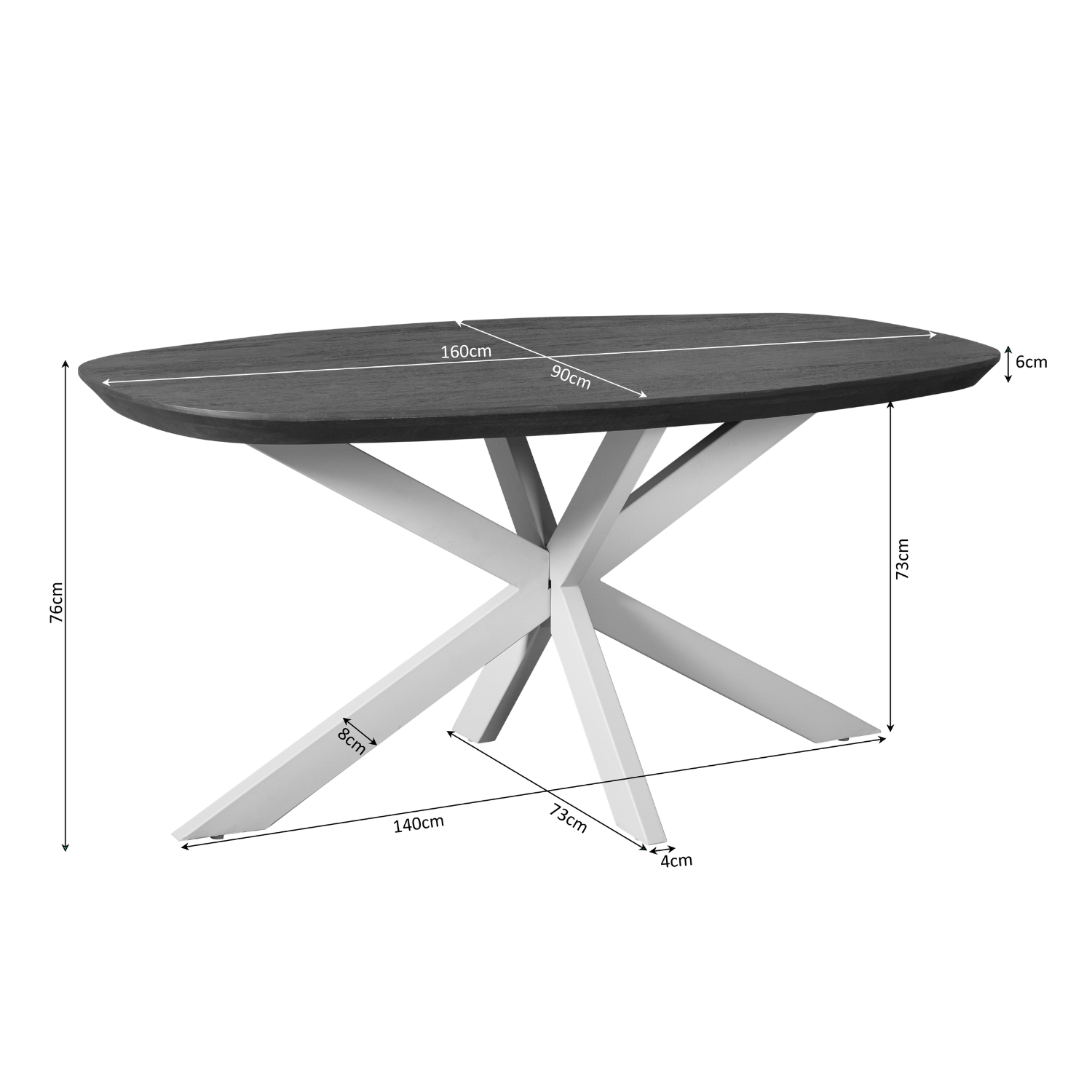 Eettafel Madison Mangohout Naturel Deens Ovaal 160cm van Starfurn met een blad van 160 bij 90 cm en 76 cm hoog