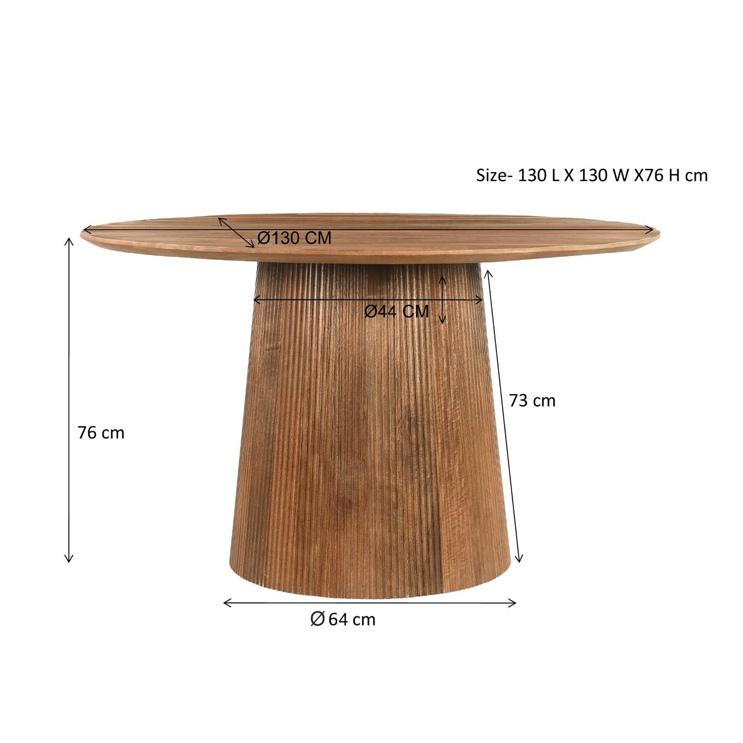 Maatschets van de ronde Salvator eettafel, 130 cm doorsnee en 76 cm hoog