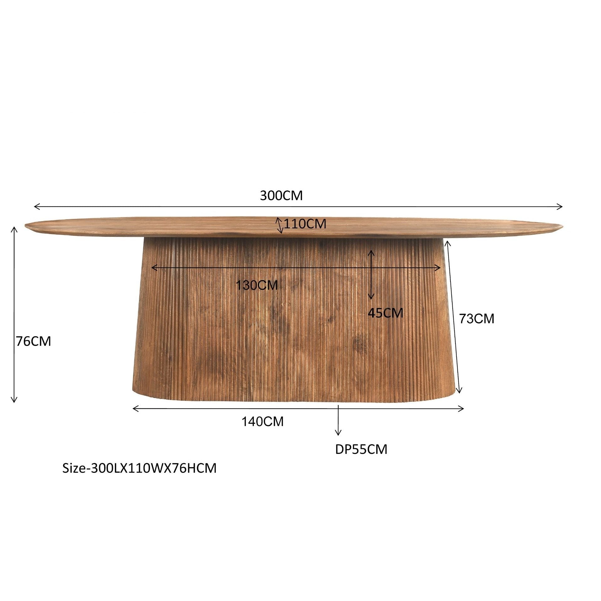 Maatschets van de ovale Salvator eettafel, 300 bij 110 bij 76 cm