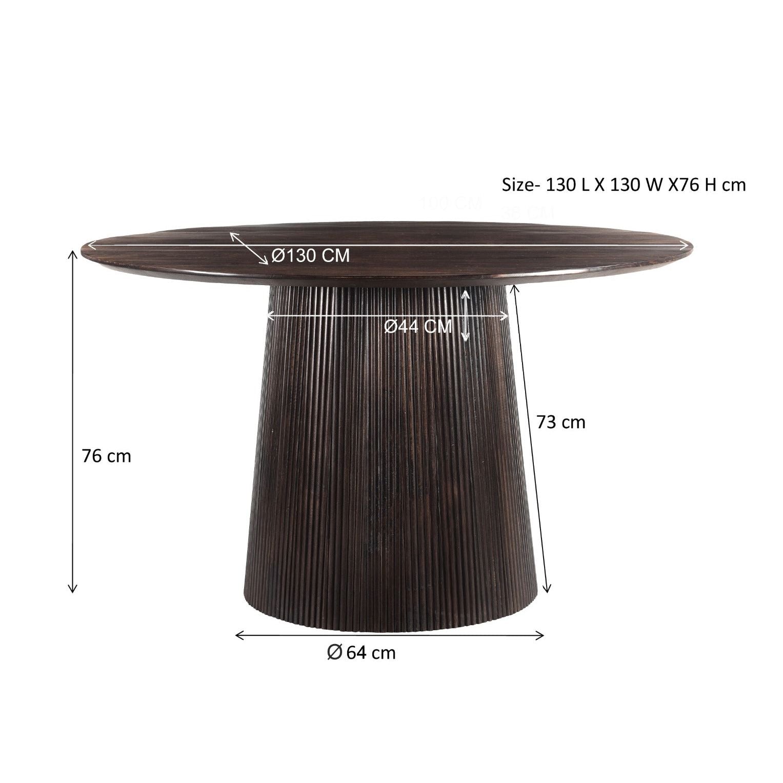 Maatschets van de ronde Salvator eettafel, 130 cm doorsnee en 76 cm hoog