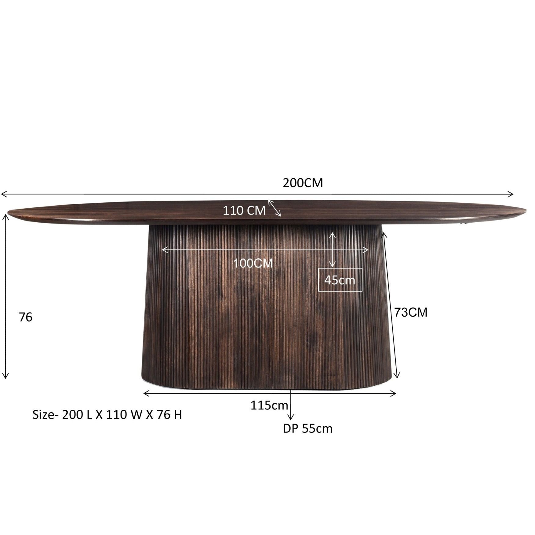 Maatschets van de ovale Salvator eettafel, 200 bij 110 bij 76 cm
