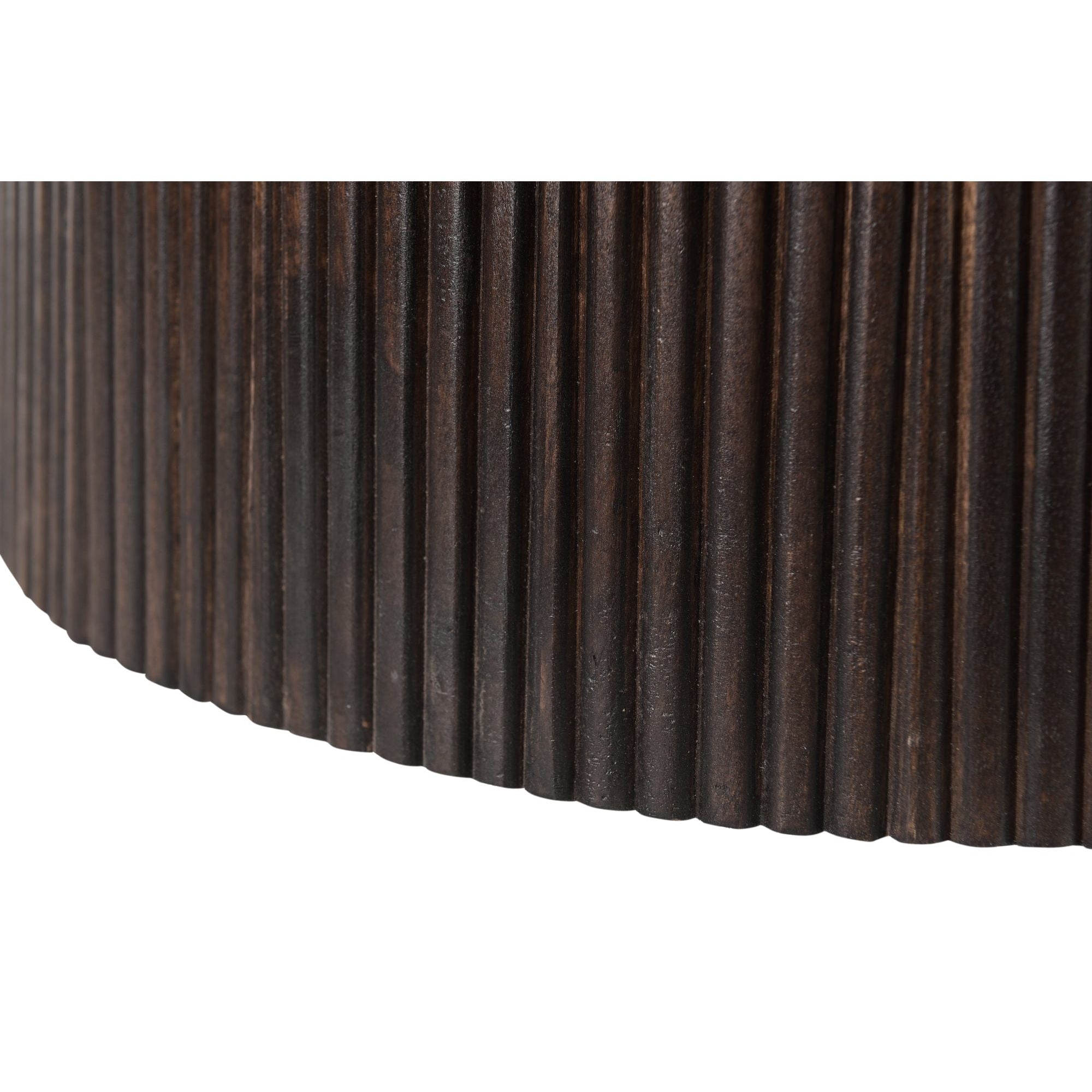 Close-up van de geribbelde tafelvoet in donker mangohout Walnut
