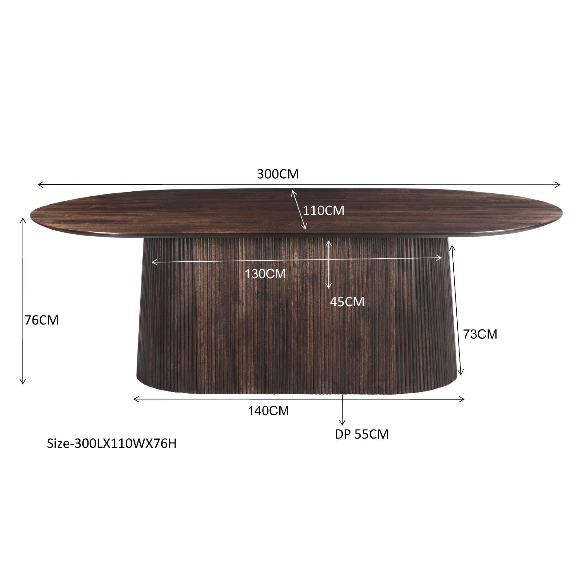 Maatschets van de ovale Salvator eettafel, 300 bij 110 bij 76 cm