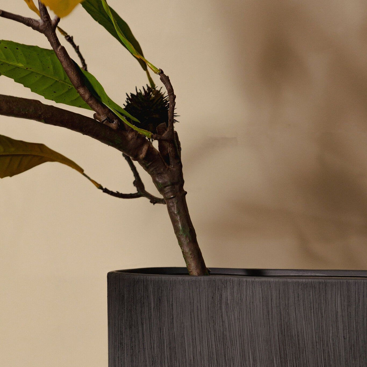 Elenia pot van PTMD in een woonkamer, donkergrijze keramieken pot met ribbelmotief