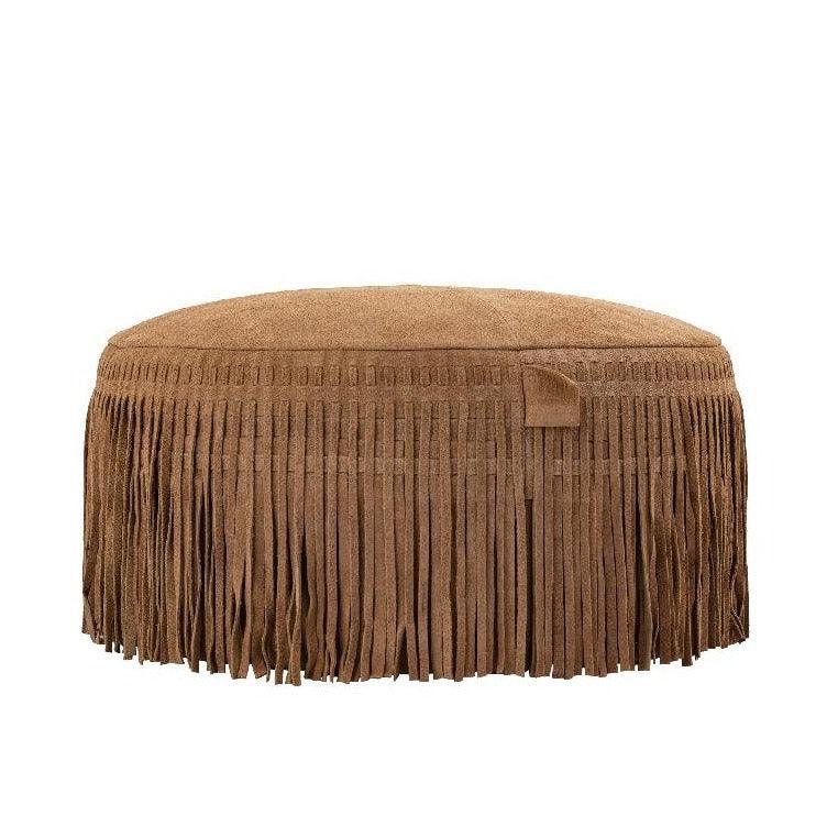 Eleora Camel Suède Leren Poef Fringes Rond Large PTMD - Poef - PTMD - livinglovely.nl