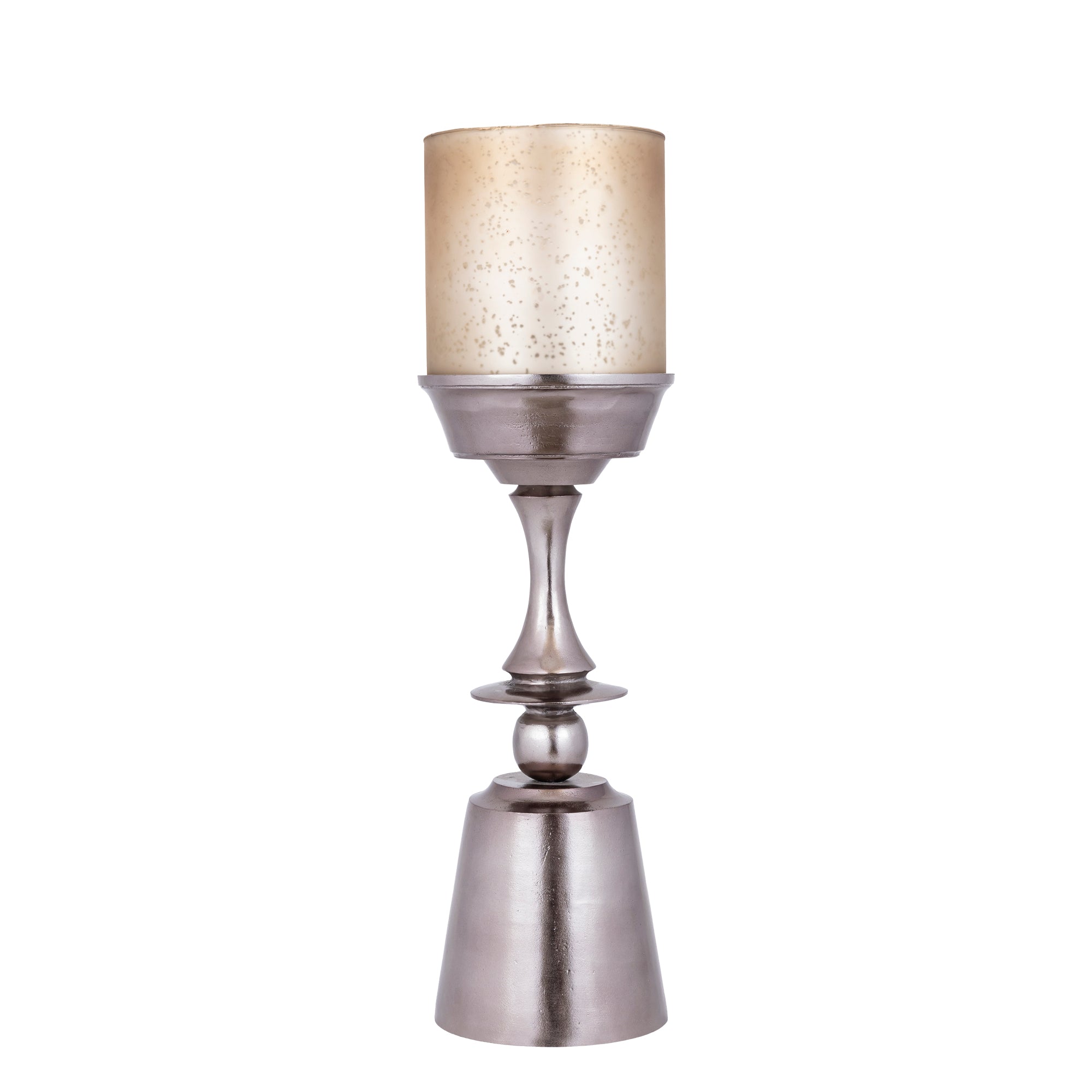 Eliviana Brass Casted Alu Stormlight Beige Glass L van PTMD, messingkleurig windlicht met beige glas op witte achtergrond