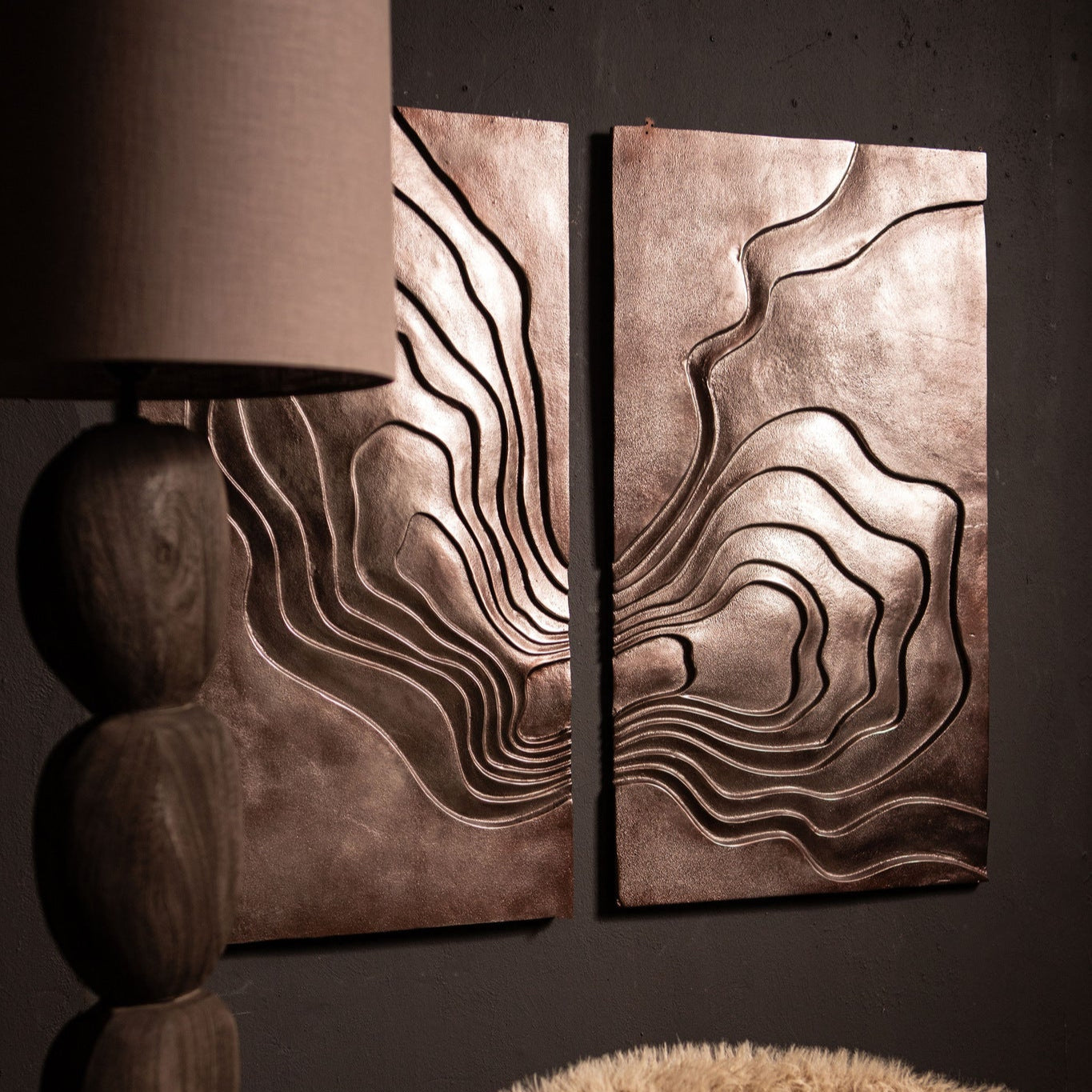 Erike Bronze Casted Alu Wall Panel Wave In 2 Parts PTMD - Wandpaneel - PTMD - livinglovely.nl