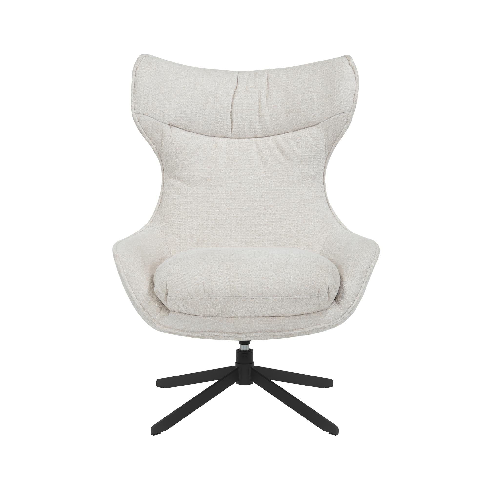 Fauteuil Olivia van Starfurn in off white stof, vooraanzicht met hoge rug en zwarte metalen draaivoet