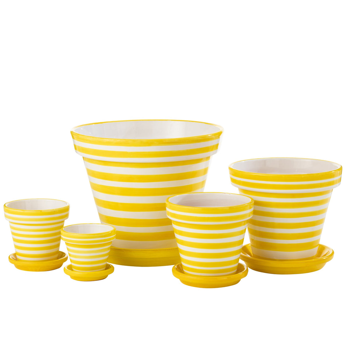 Flowerpot+Plate Granada Stripes Handmade+Painted Ceramic Yellow Extra Large