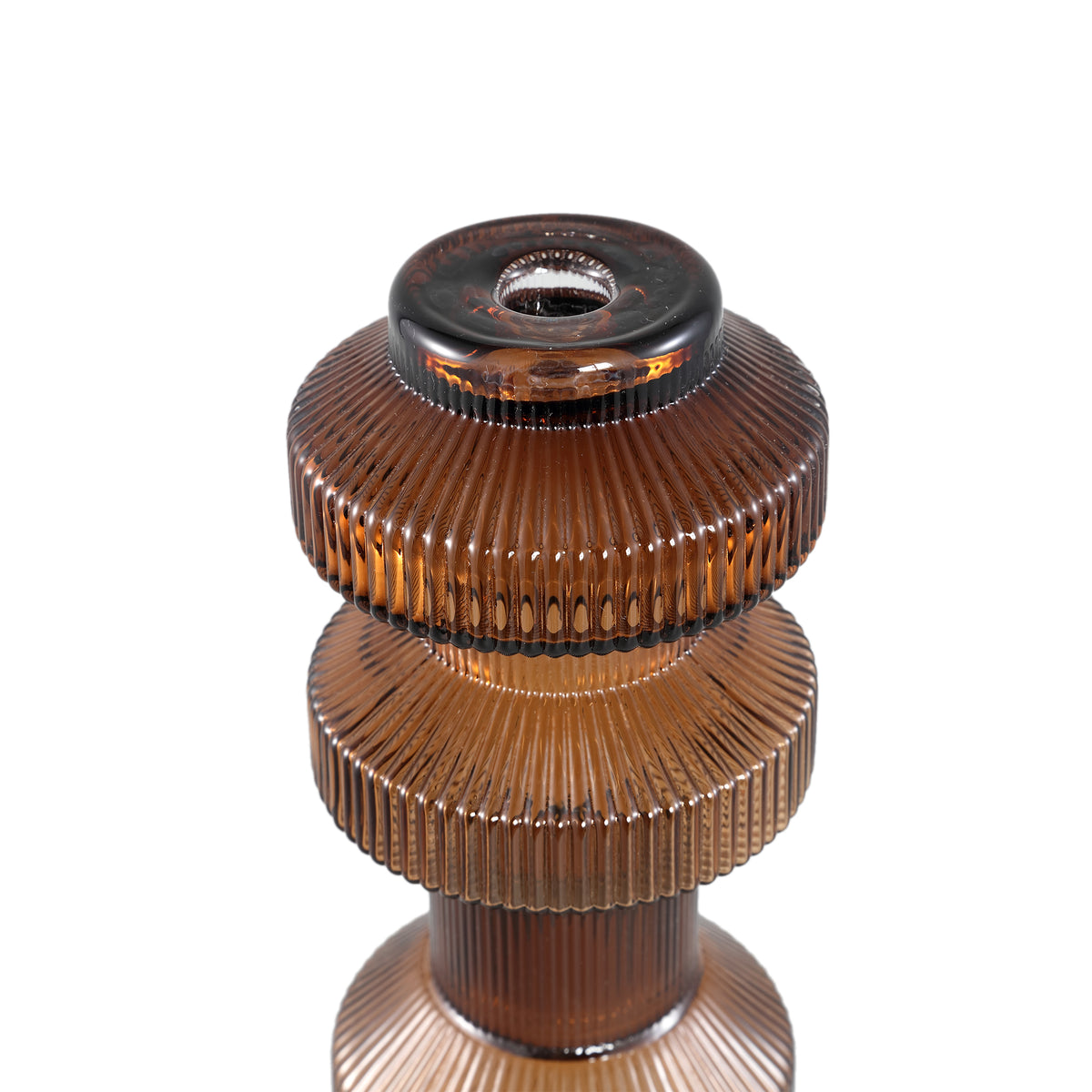 Galinda Kandelaar Bruin Small van PTMD, close up van de bovenkant in bruin ribbelglas