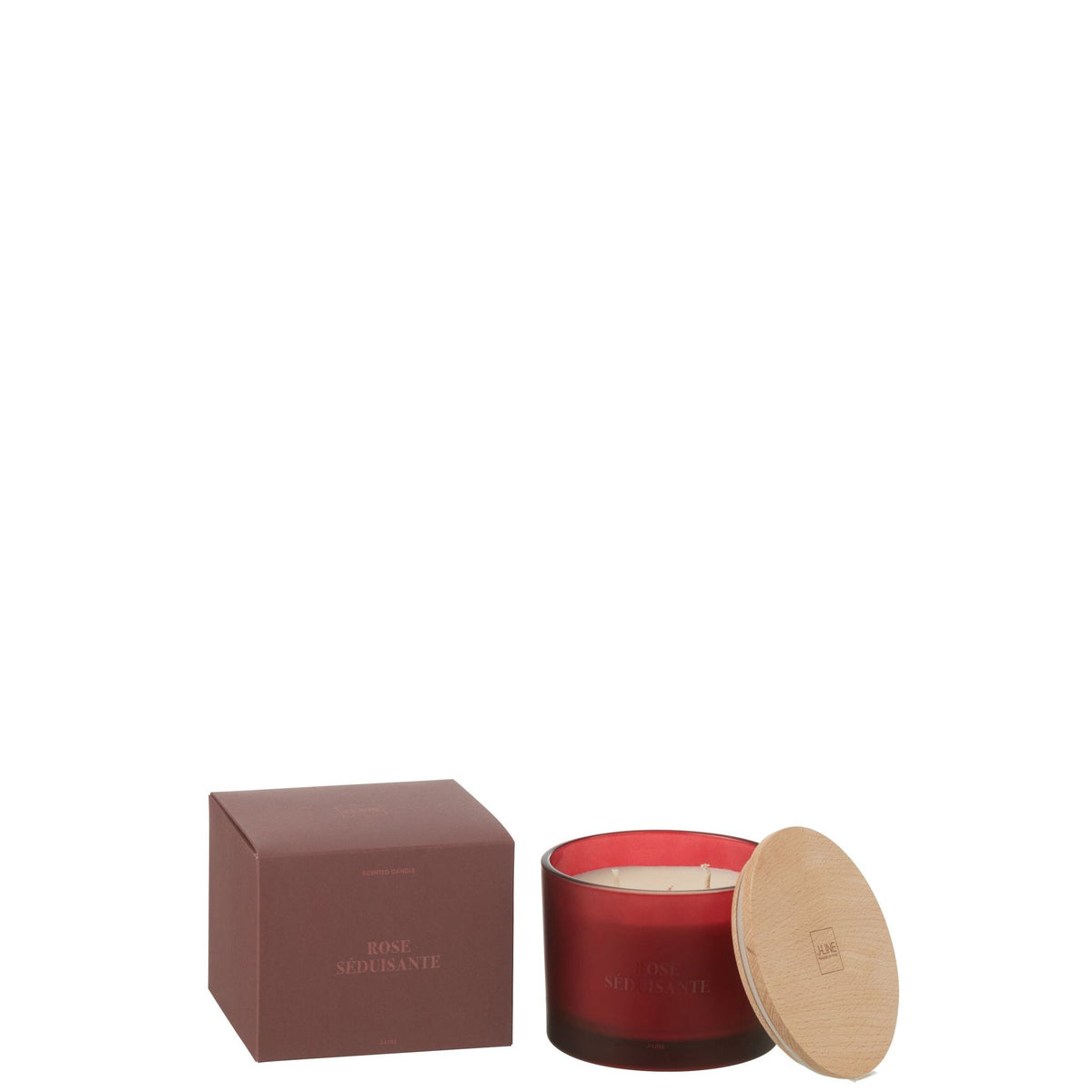 Geurkaars Accords Essentiels Rose Séduisante 28 Uur van J-Line, rode glazen pot met houten deksel naast de geschenkdoos