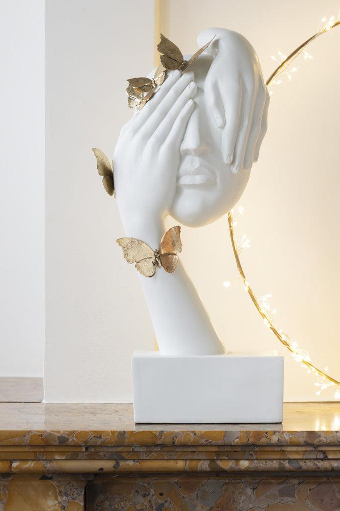 Gezicht Vlinders Staander Poly Wit/Goud - Beeld - J-Line - livinglovely.nl