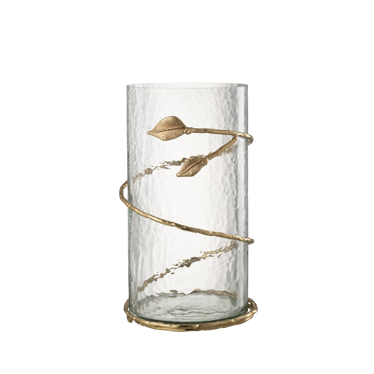 Glazen Windlicht met Gouden Bladeren van J-Line, 34 cm hoog met een gouden bladerband om het glas
