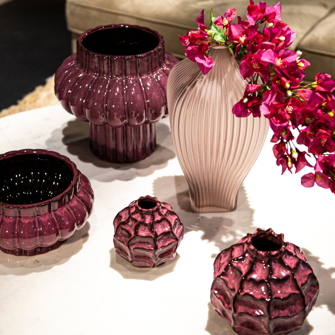 Halde Light Purple Solid Glass Vase Ribbed High Dia19H37cm PTMD - Vaas - PTMD - livinglovely.nl