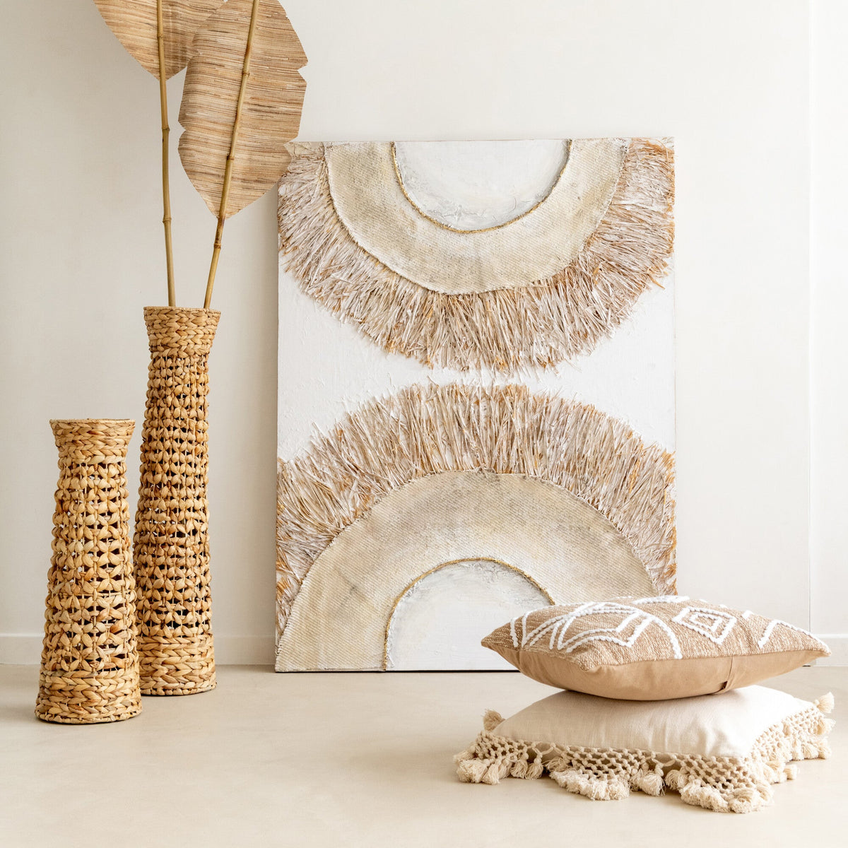Wanddecoratie Ibiza Canvas/Verf Creme/Wit Set van 2 - Schilderij - J-Line - livinglovely.nl