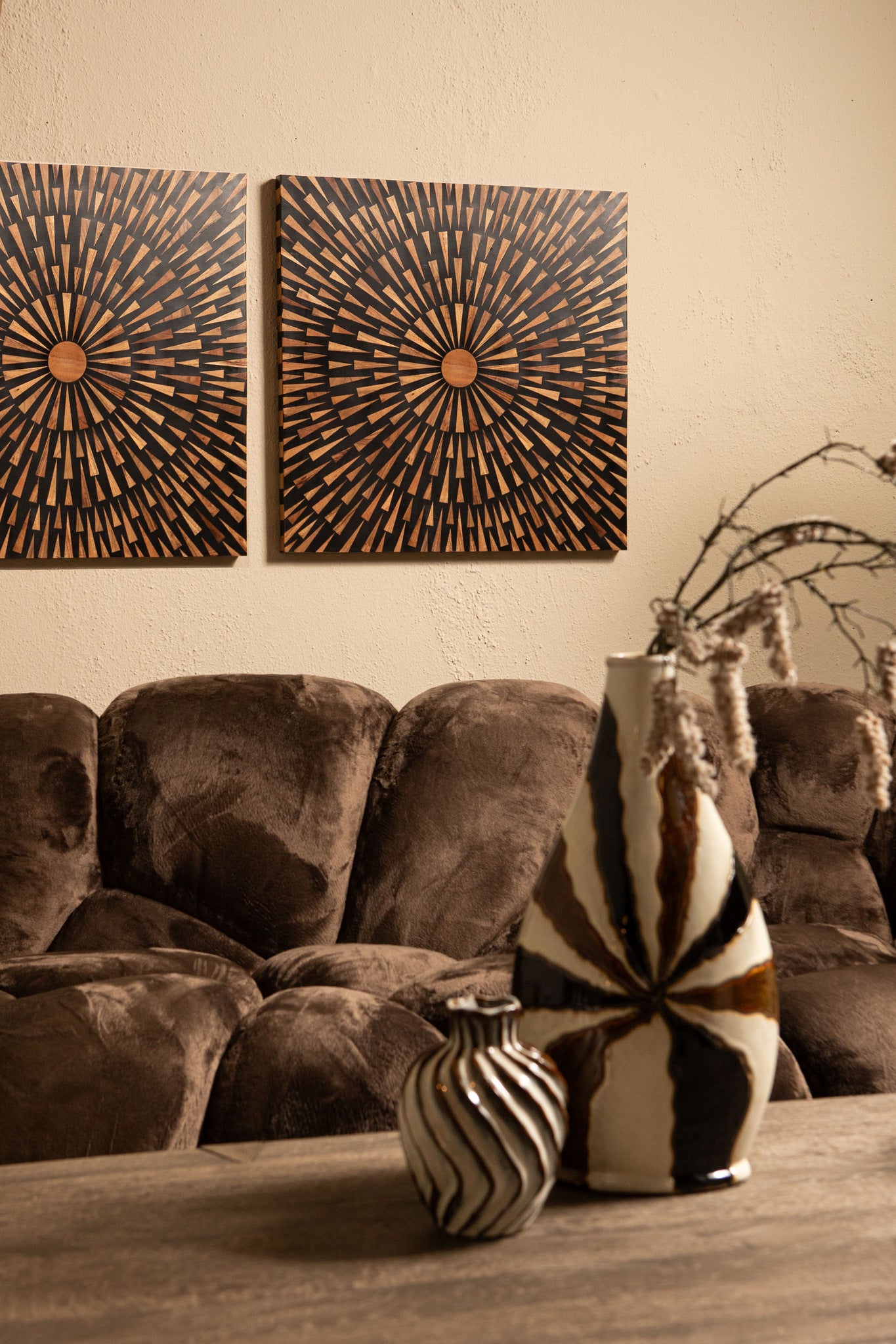 Jordie Brown Wooden Rect Wall Panel Round Pattern 60x60cm PTMD - Wandpaneel - PTMD - livinglovely.nl