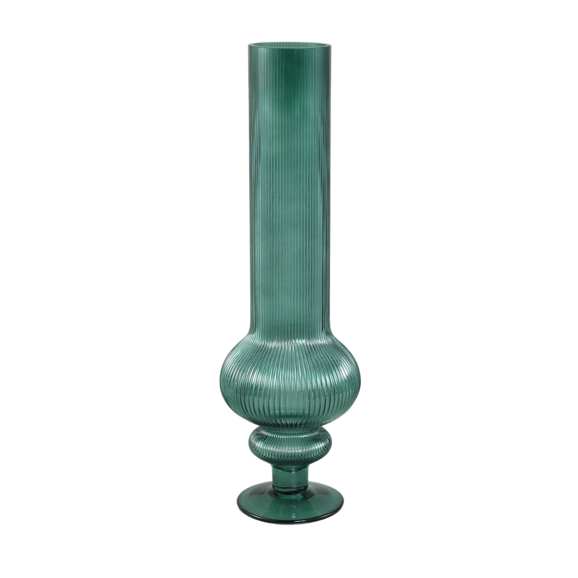 Keala Dark Green Round Ribbed Glass Vase On Base L Dia 15,5xh50cm PTMD - Vaas - PTMD - livinglovely.nl