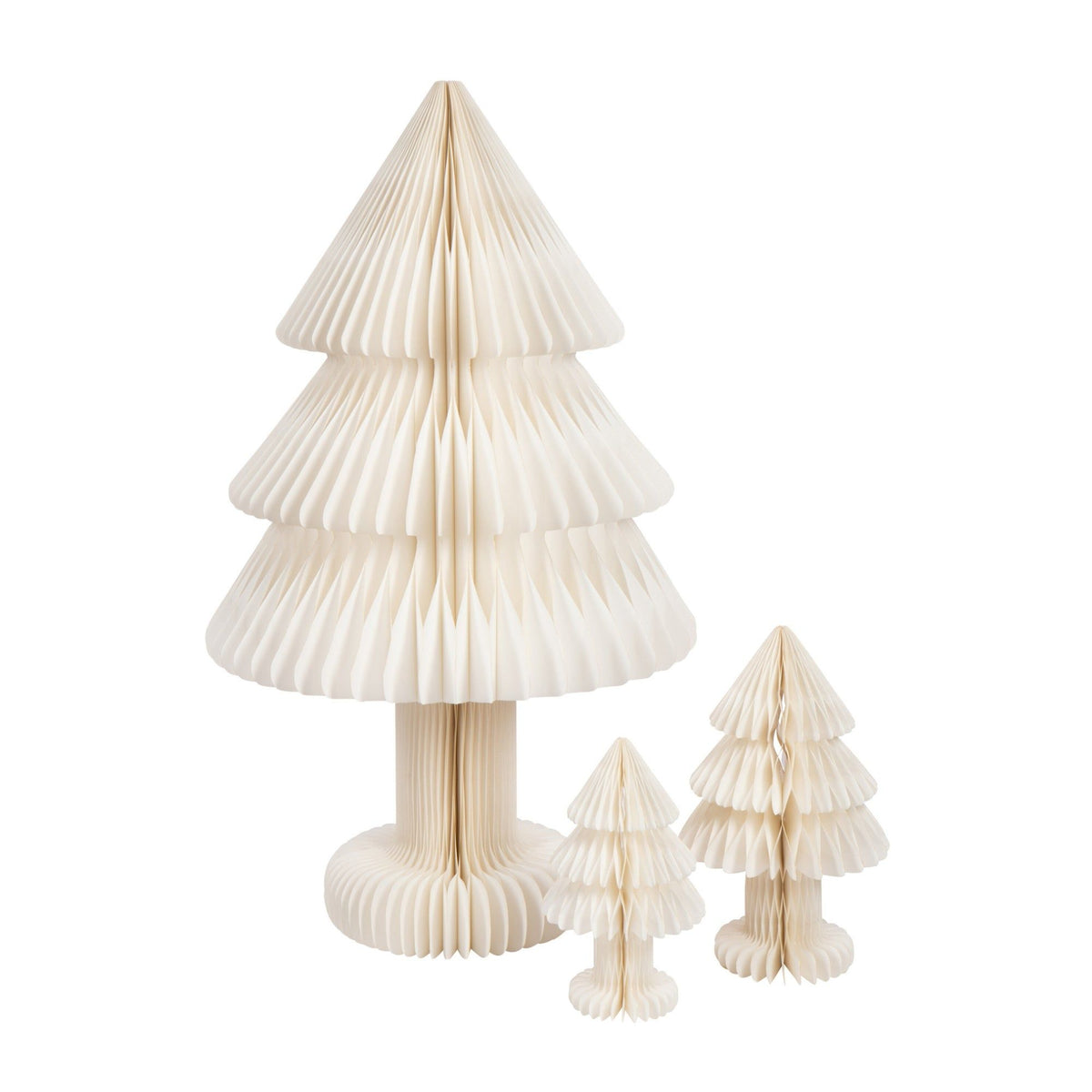 Kerstboom Vouwbaar Papier Gebroken Wit Large van J-Line, de drie maten uit de serie naast elkaar