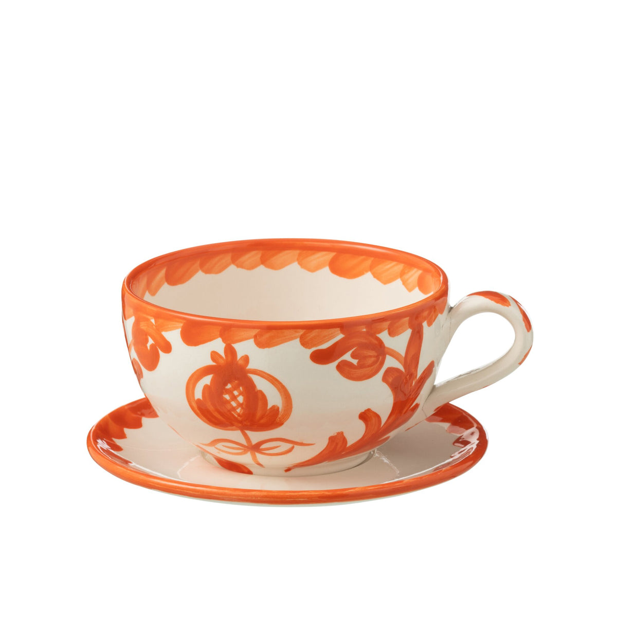 Koffiekop met Schaaltje Granada Motief Oranje/Wit Keramiek J-Line