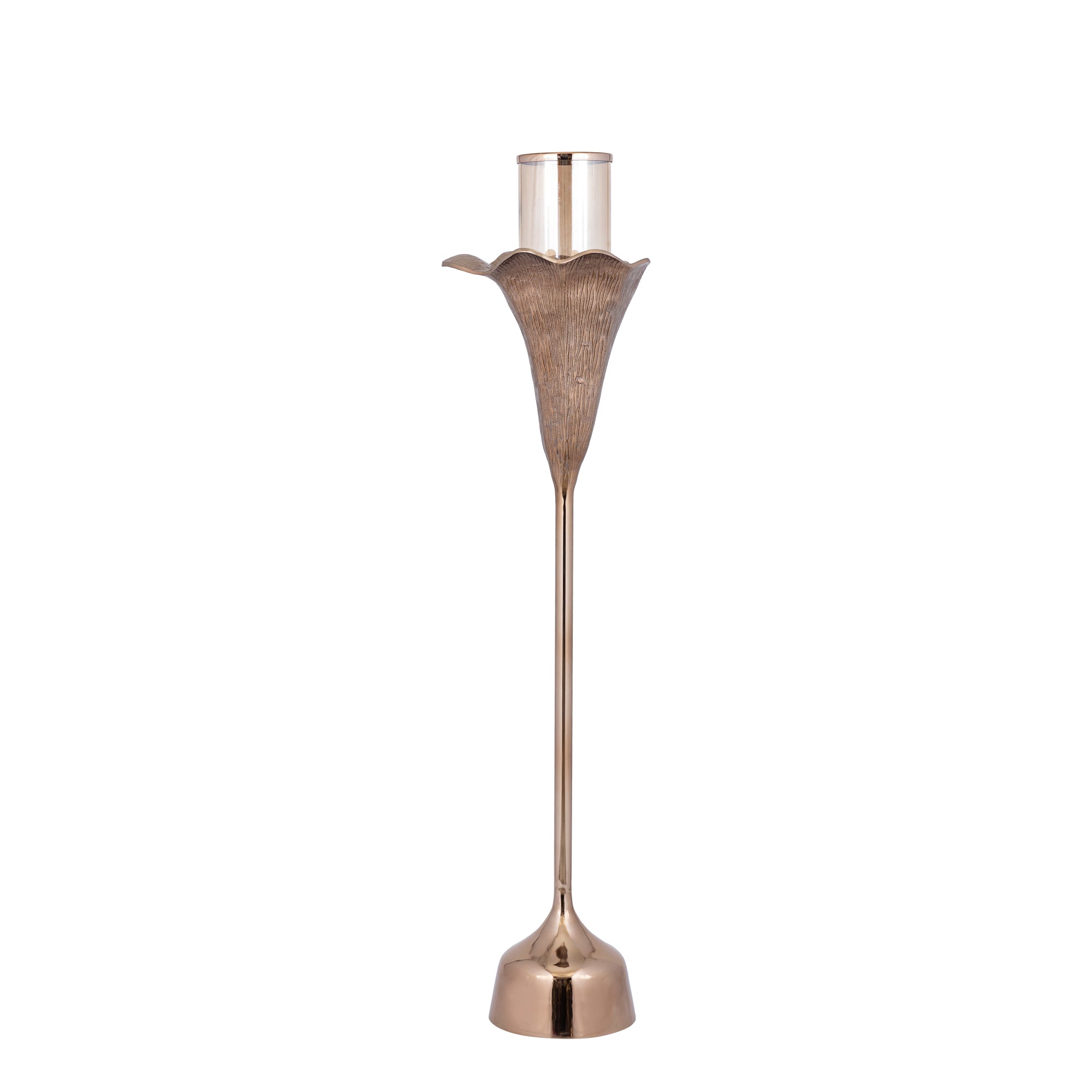 Kourtney Bronze Casted Alu Stormlight Flower L van PTMD, bronskleurig windlicht in bloemvorm op witte achtergrond