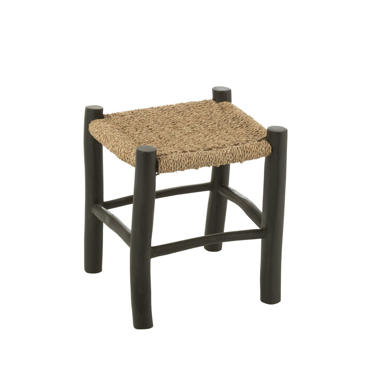 Kruk Vierkant Teak Hout/Zeegras Zwart/Naturel