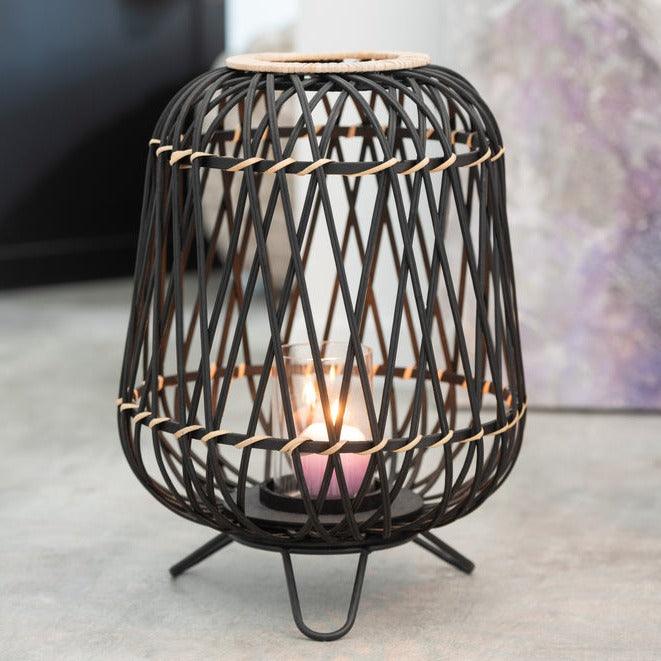 Lantaarn Op Voet Bamboe Zwart/Naturel Medium - Lantaarn - J-Line - livinglovely.nl