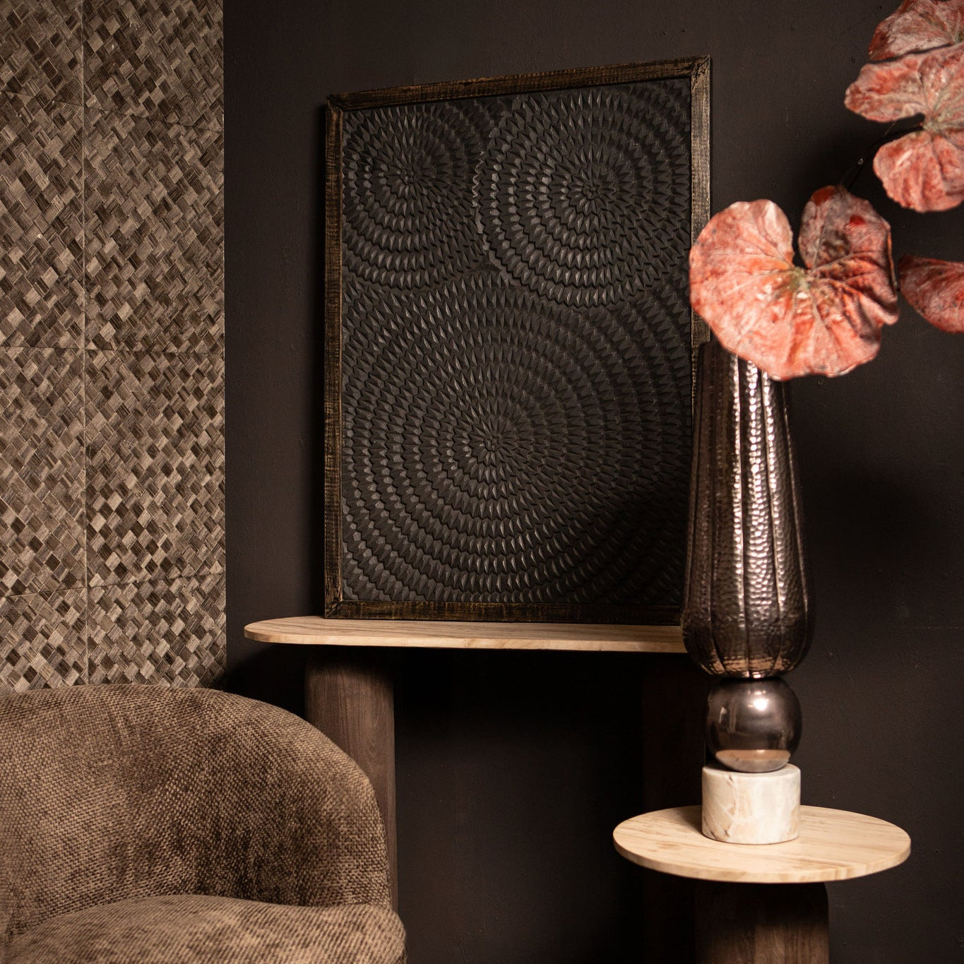 Levya Black Wooden Rect Wall Panel Round Pattern PTMD - Wandpaneel - PTMD - livinglovely.nl