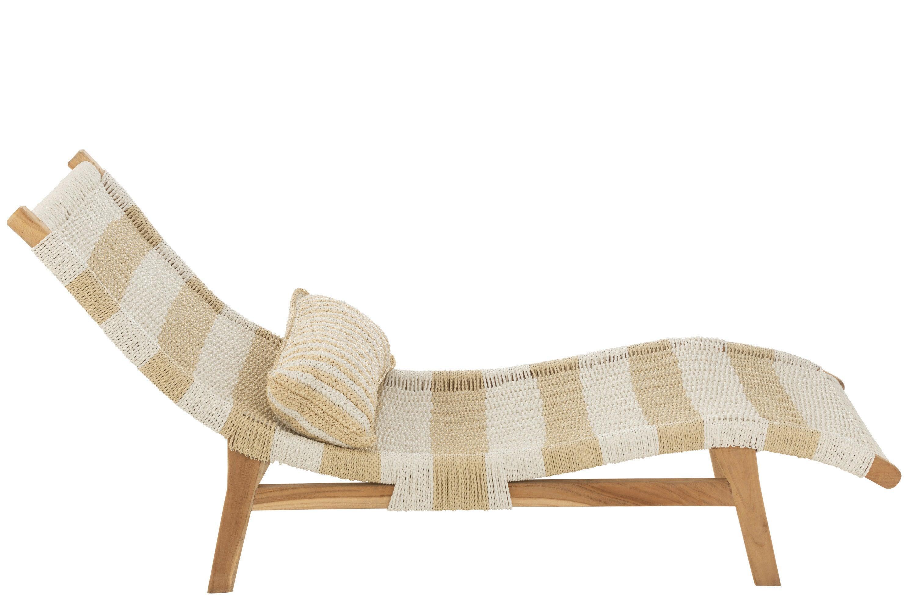 Ligbed + Kussen Strepen Geweven Plastiek/Teak Wit/Naturel - Ligbed - J-Line - livinglovely.nl