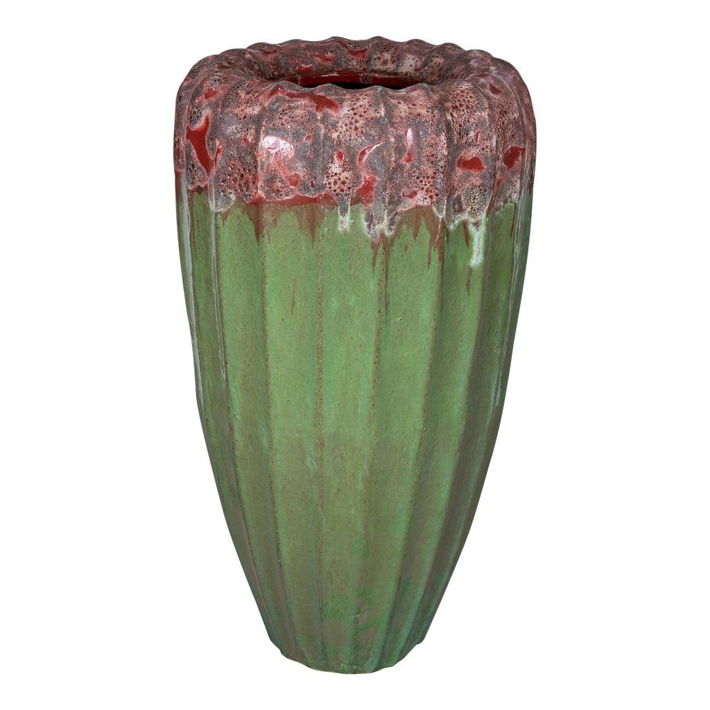 Linex Green ceramic pot organic ribbed round S PTMD - Pot - PTMD - livinglovely.nl