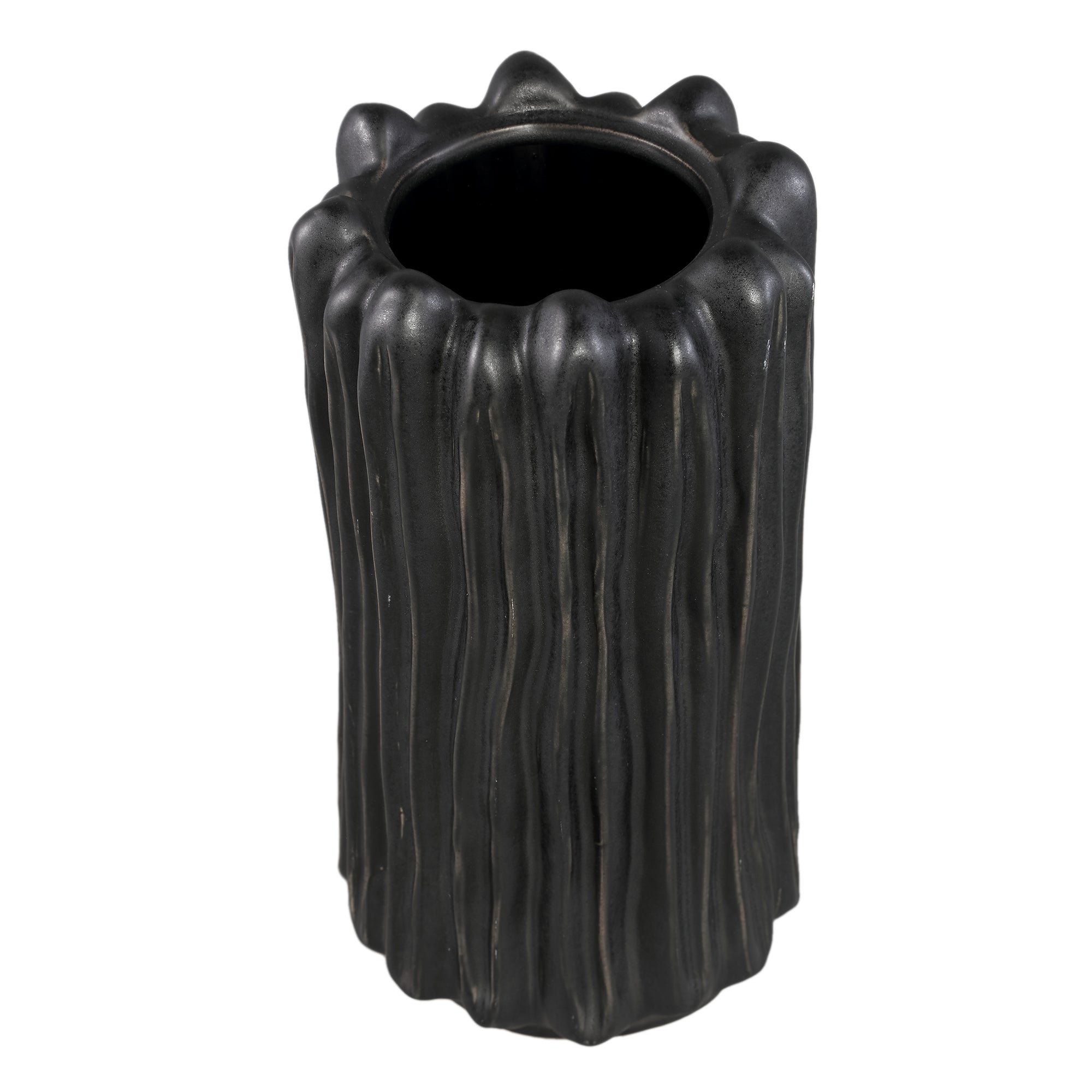 Luci Black Ceramic Vase Ribbed Round L van PTMD, packshot vanuit een andere hoek op witte achtergrond